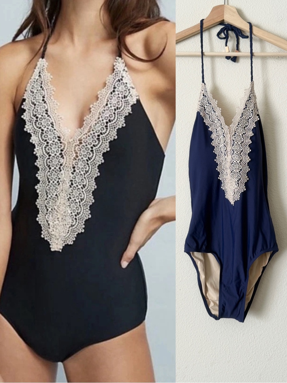 NWT Anthropologie Allihop SMALL lace trim plunge one piece swimsuit in navy blue
